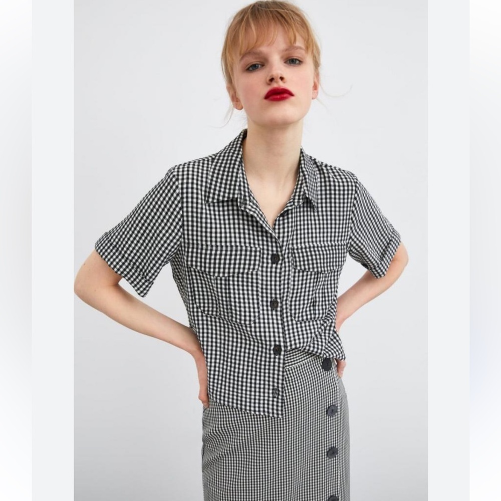 Zara timeless gingham vichy Monochrome Checkered Shirt blouse size XL